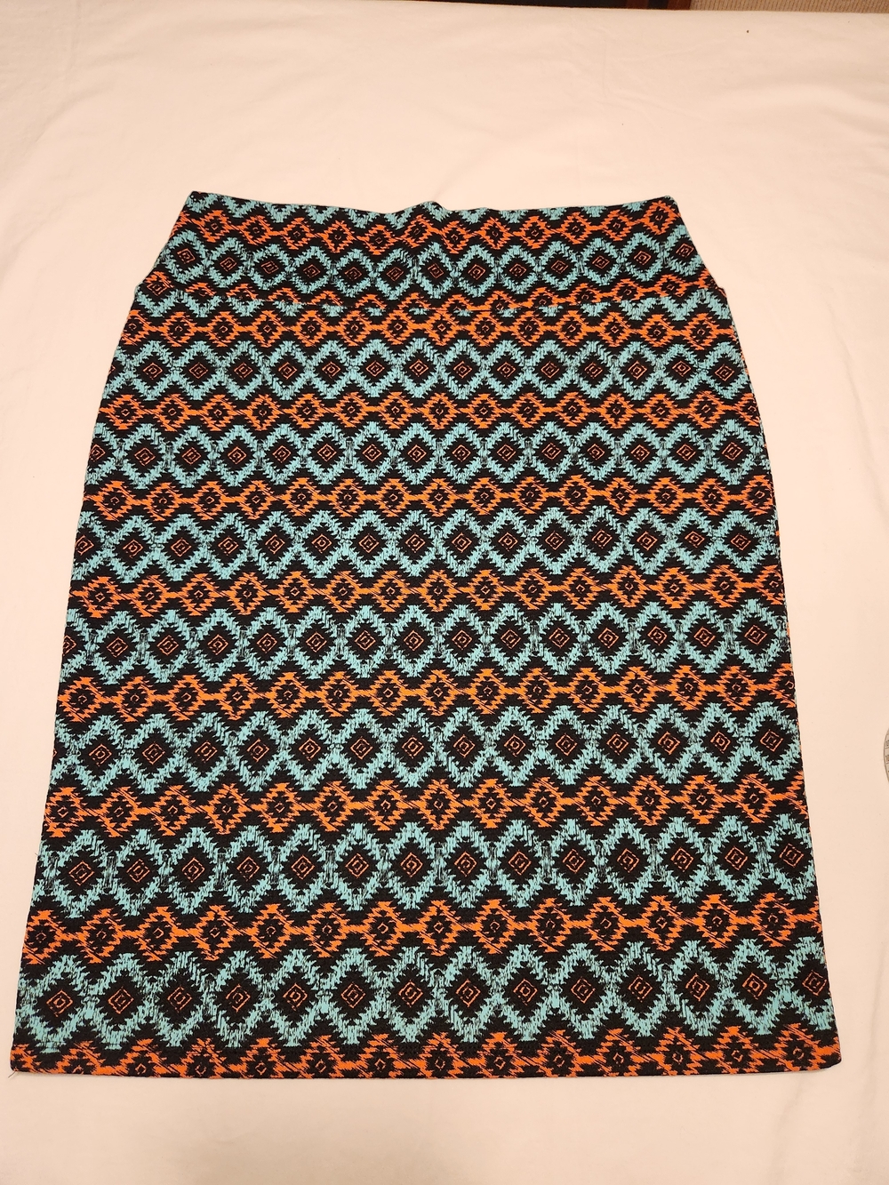 LuLaRoe Cassie Pencil Skirt XL Turquoise Orange Geometric Print